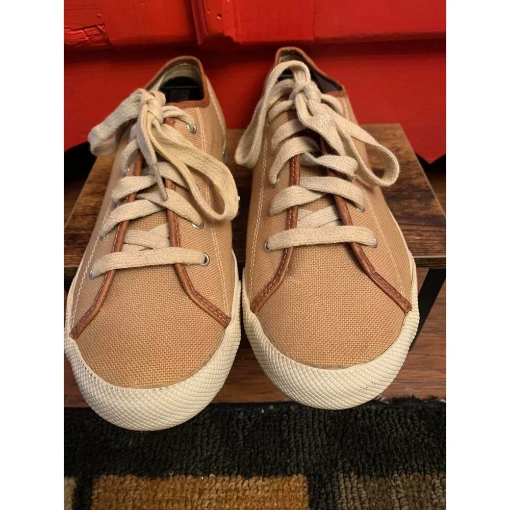 Tommy Hilfiger 9.5 Wheat Brown Canvas Leather Trimmed Tennis Shoes EXCELLENT